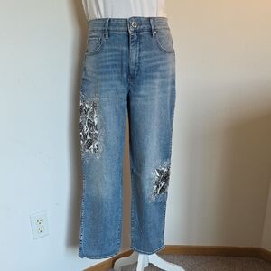 White House Black Market Blue Jeans with Black Floral Design